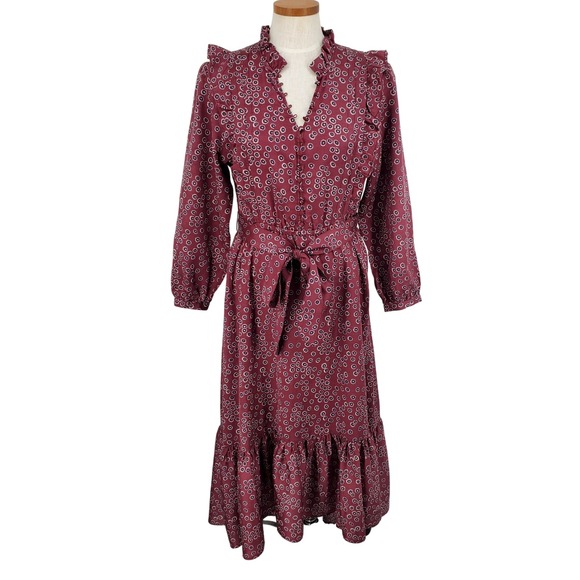 Outerknown Dresses & Skirts - Outerknown Womens Small Maroon Geometric Organic Cotton Silk Ruffle Midi‎ Dress